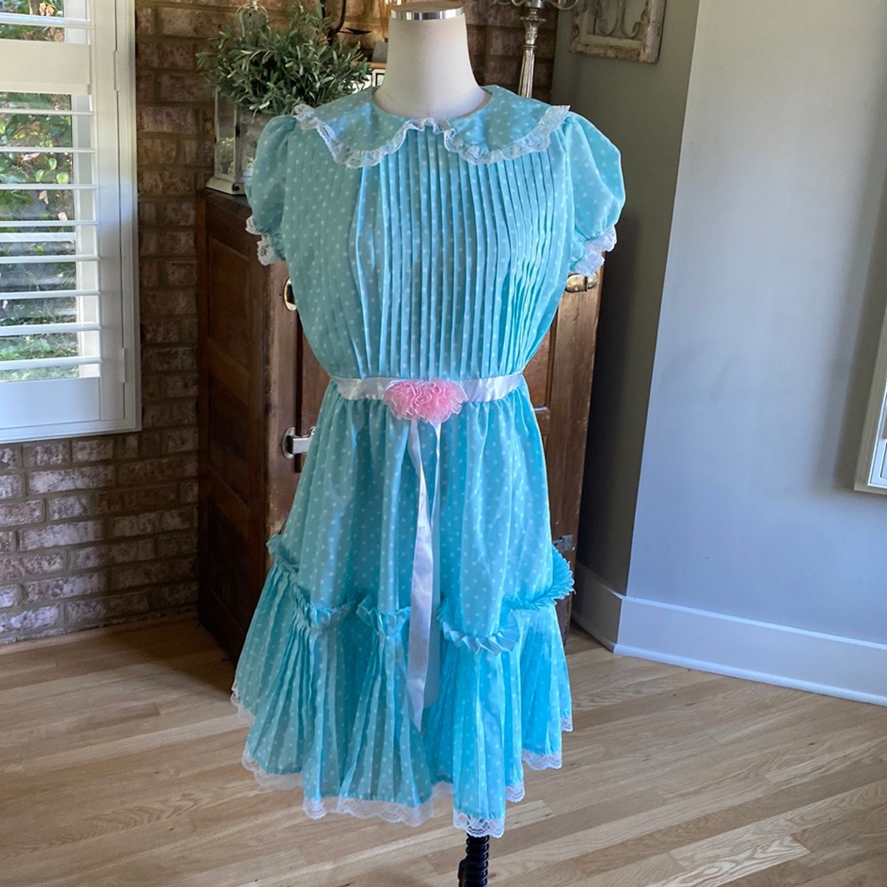 TRICK OR TREAT Blue & White Polkadot 50s Happy Homemaker Costume Dress SMALL
